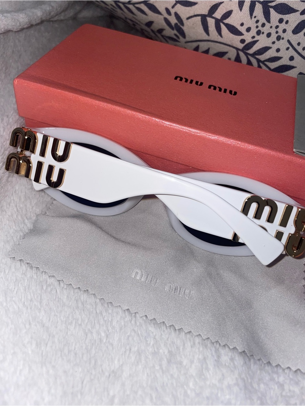 Miu Miu White Round Sunglasses with Gold Logo Detail